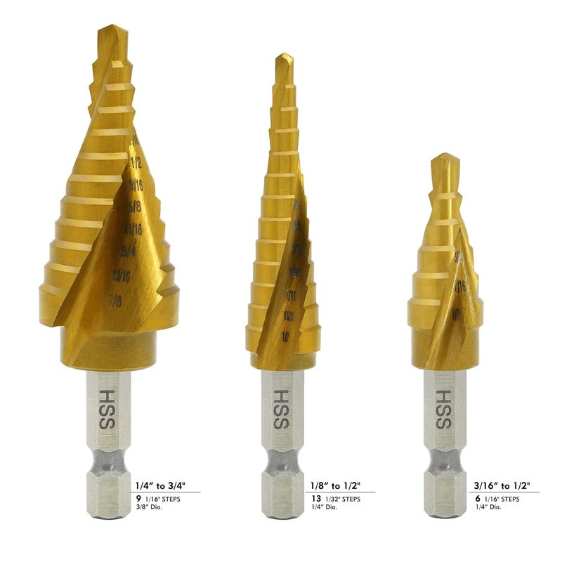 GMTOOLS Step Drill Bit Set, 3 Pcs Titanium High Speed Steel Unibit Drill Bits, Stepped Up Bits for Sheet Metal, DIY Lovers with Aluminum Case, Total 28 Sizes for Multiple Hole - Image 2